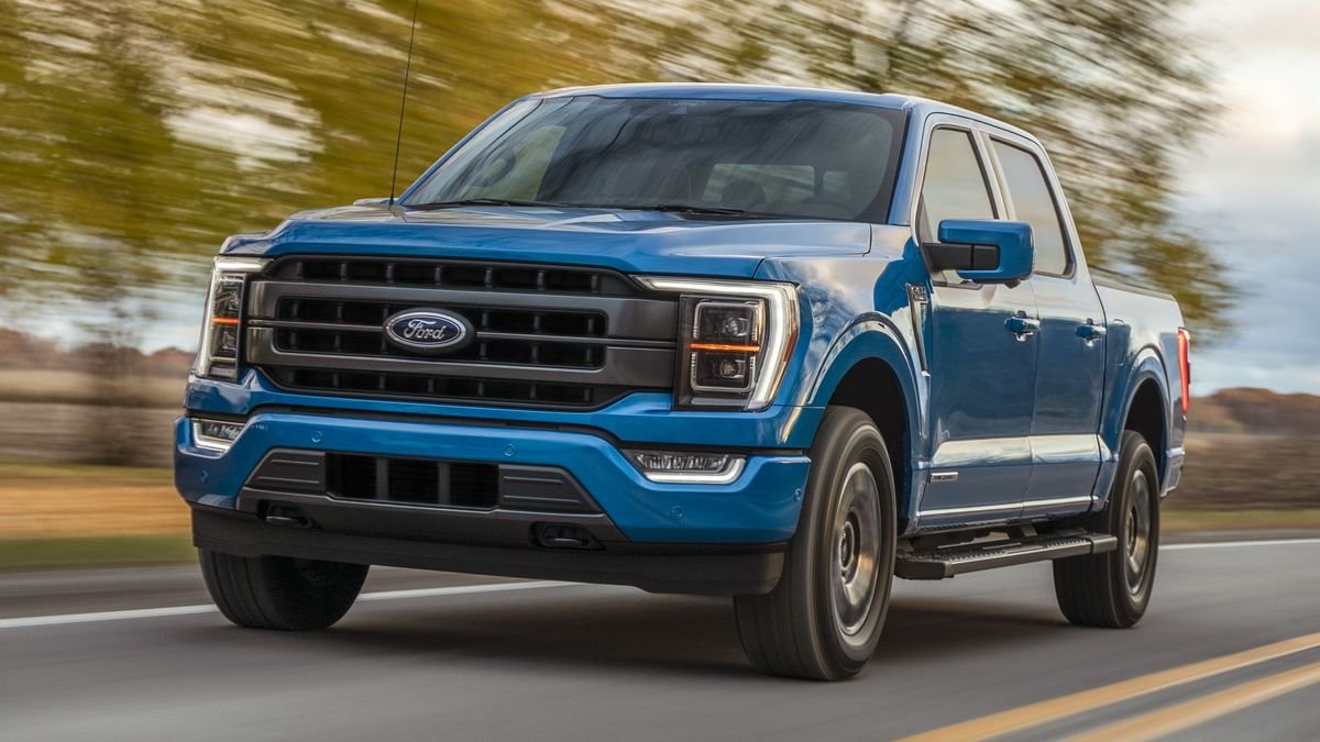 Blue Ford F-150 Hybrid Truck driving